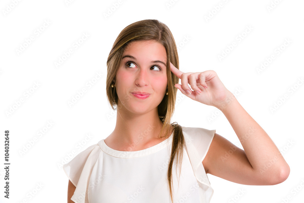 Pensive hispanic young woman thinking of the options Pensive hispanic young woman thinking of the options