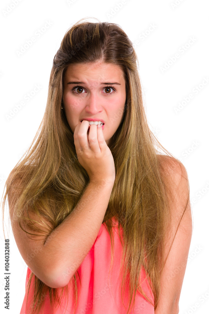 Hispanic young woman with fear expression and hands on face. Wai Hispanic young woman with fear expression and hands on face. Wai