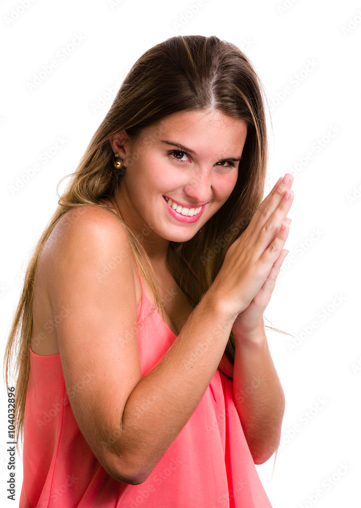 Mischievous or evil Hispanic young woman expression. Isolated on Mischievous or evil Hispanic young woman expression. Isolated on