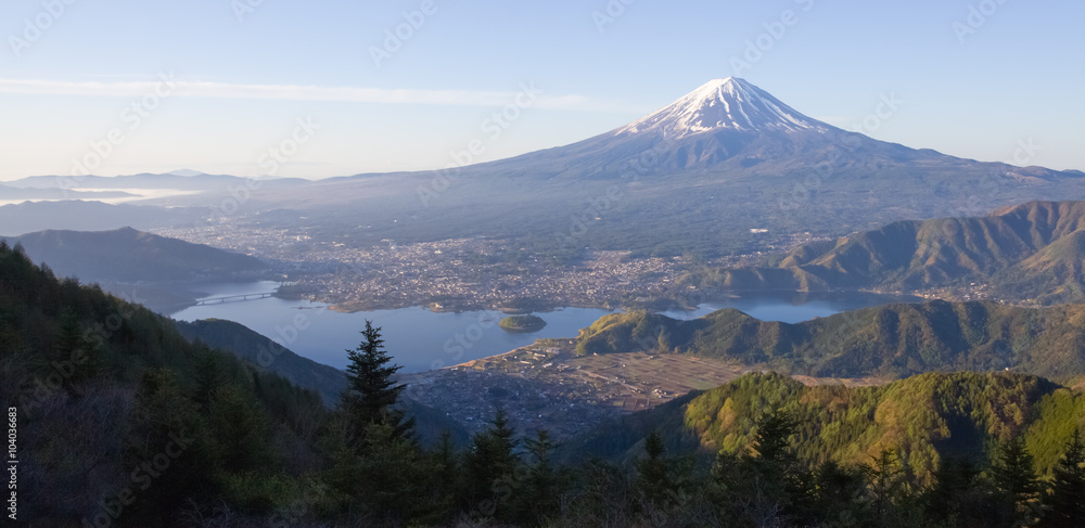 Mountain Fuji and Lake Kawaguchiko in morning