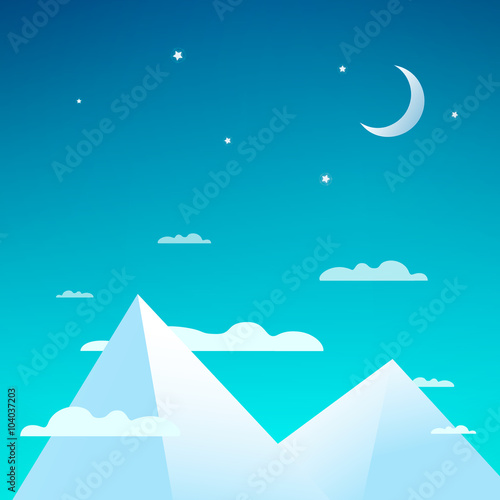 Vector beautiful night with snowy mountains. Mountain peaks with clouds  bright stars and the moon