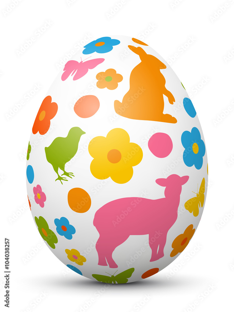 Obraz premium 3D Vektor Osterei mit fröhlichen Ostersymbolen. Farbig und bunte Zeichen und Symbole. Ostern, bemaltes Ei. Colored 3D Vector Easter Egg with Holiday Season Symbols. Isolated on White Background.
