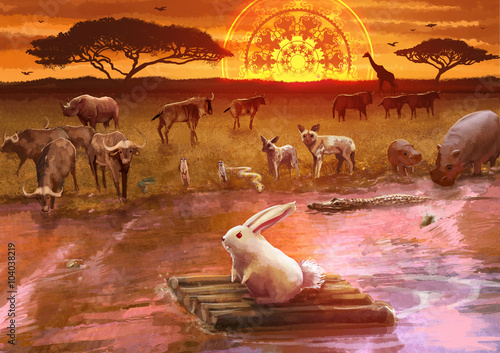 Cartoon illustration of white rabbit bunny in adventure journey by traveling on raft along the river with many wildlife animals watching from the riverside savanna field landscape with sunset scene
