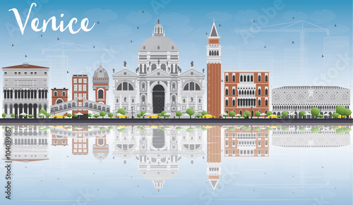 Venice Skyline Silhouette with Gray Buildings and Reflections.