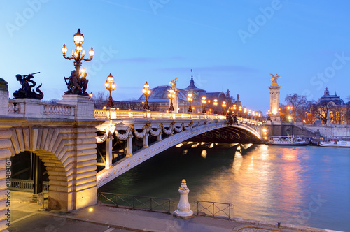 Pont Alexandre III and Grand Palais at dusk, Paris.