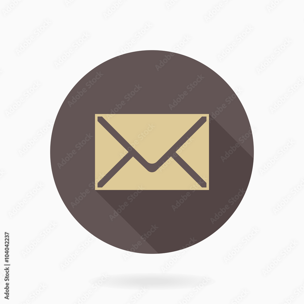 Fine golden mail icon in the brown circle. Flat design and long shadow Fine golden mail icon in the brown circle. Flat design and long shadow
