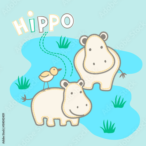 Happy hippo's standing in water with a bird
