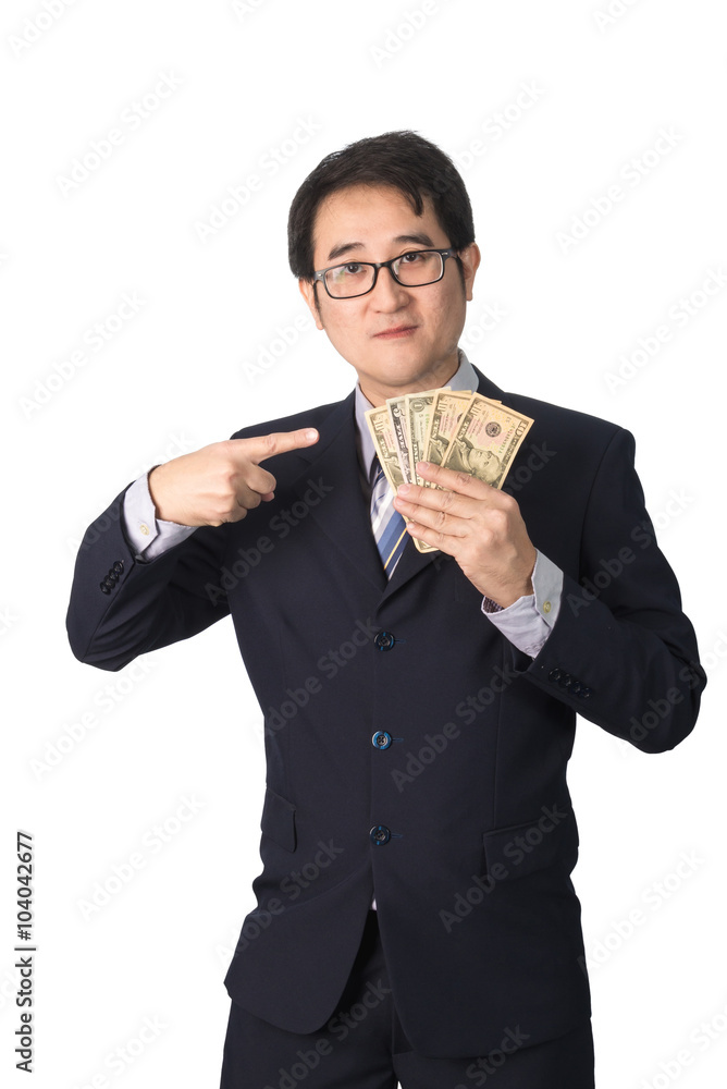 Success Asian businessman holding dollar money, isolated Success Asian businessman holding dollar money, isolated