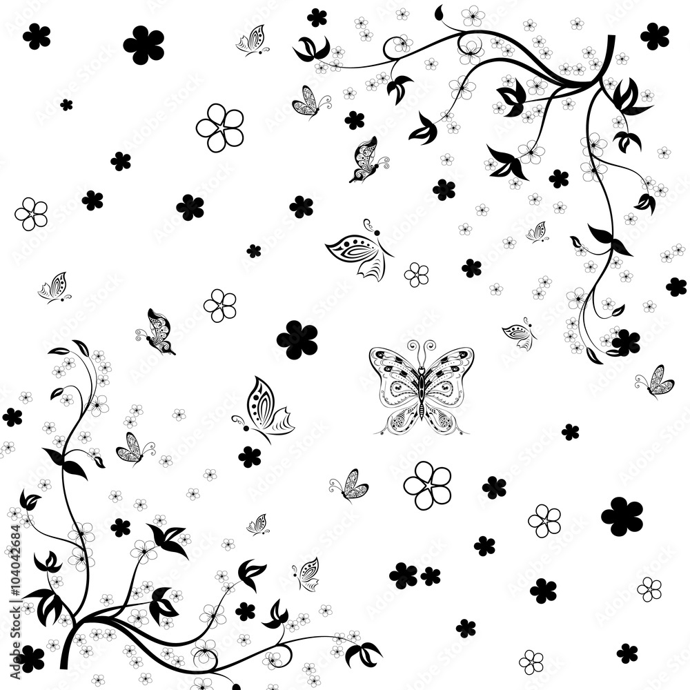 Naklejka premium Black and white pattern with flower and butterflies .