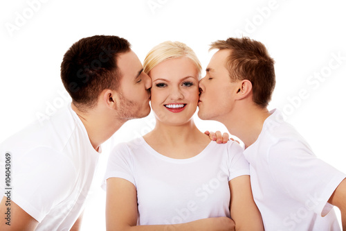 Canvas Print Two guys kissing friend woman cheeks