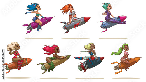 Vector cartoon image of a set of sexy girls with different hair color in different clothes sitting astride a metal rockets of different colors on a white background. Vector illustration.