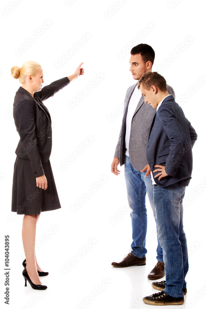 Boss businesswoman screaming at her employees Boss businesswoman screaming at her employees