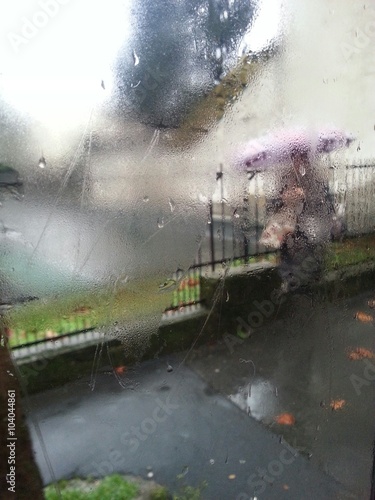 Passante con ombrello vista dal finestrino