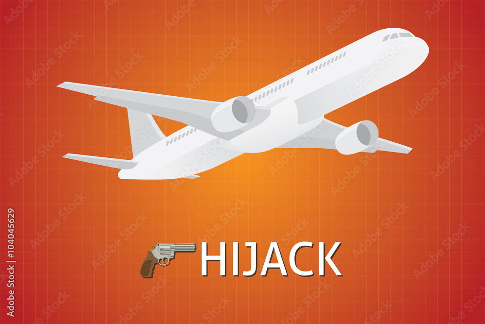 plane airplane hijacking illustration with pistols gun and red background