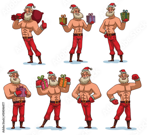Vector cartoon image of a set of strong Santa Clauses in red pants and a hats with gifts in their hands in different poses on a white background. Holiday, New Year, Christmas. Vector illustration.
