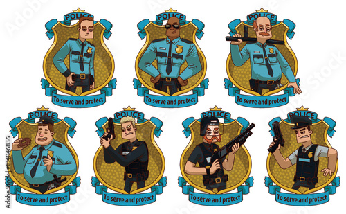 Vector image of a set frames in form of yellow police badges with blue banners with cartoon image of different men police officers in the center on a light background. Policemen. Vector illustration.