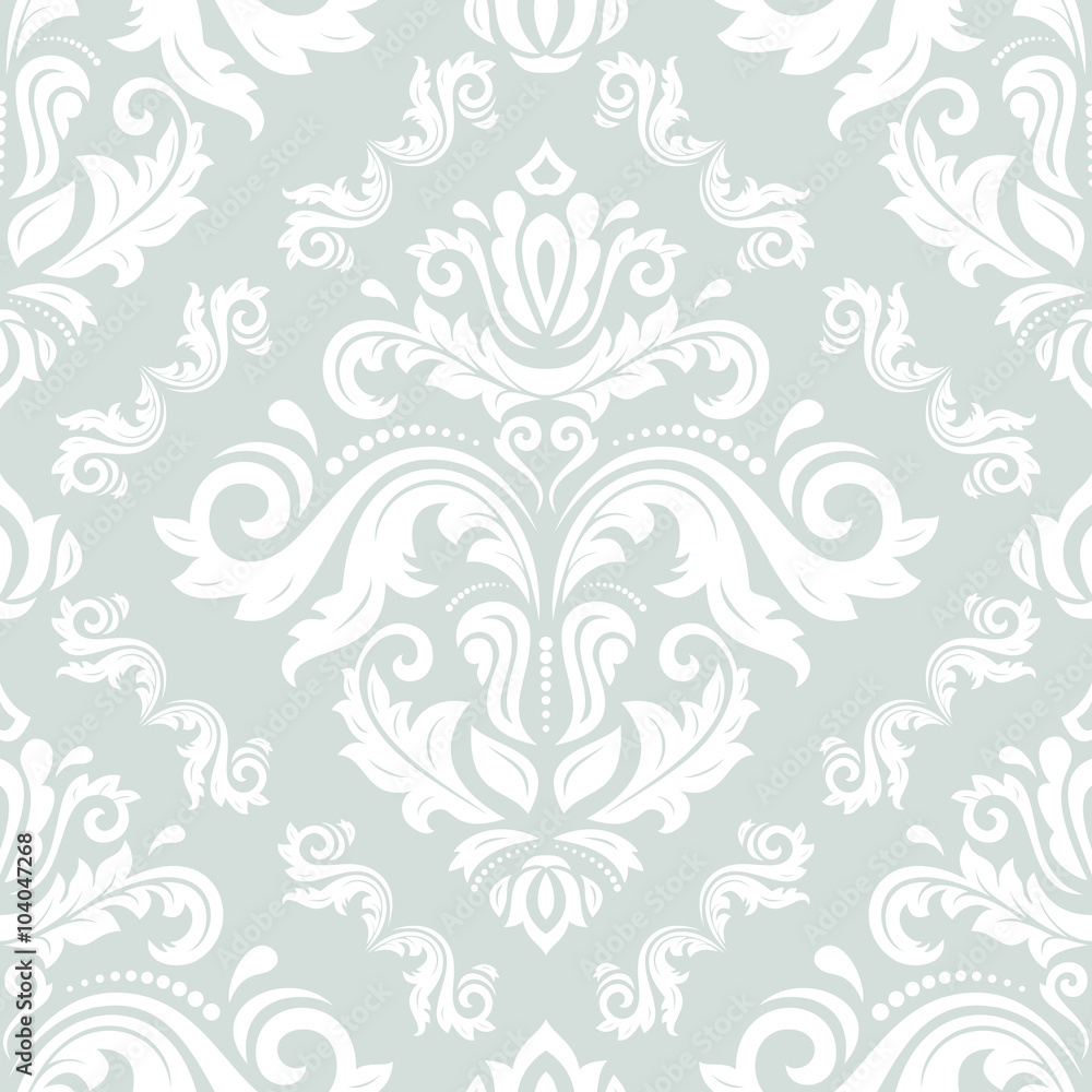 Damask seamless ornament. Traditional pattern. Classic oriental light blue and white background