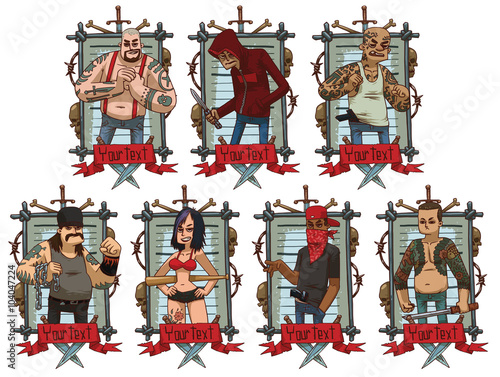 Vector image of a set of gray metal frames with barbed wire, skulls, bones, knives, red banners and with cartoon images of different criminals on a light background. Crime. Vector illustration.