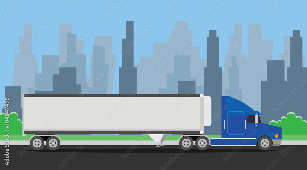 truck trailer blue transportation on the highway with city background