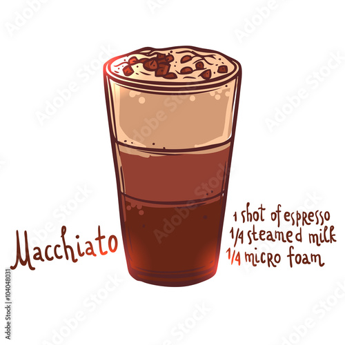 glass cup of Macchiato Coffee on white background with typography, hand drawn illustration