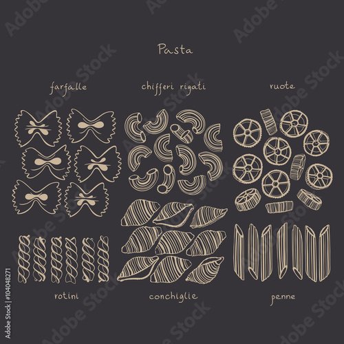 Set of Italian pasta on dark background. Vector set.
