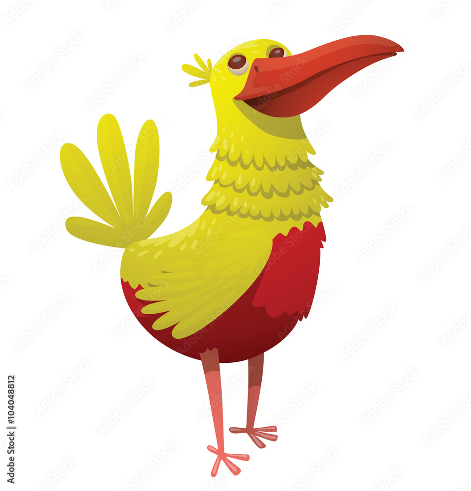 Vector cartoon image of a funny fantasy beautiful tropical bird with bright  yellow-red feathers, big yellow tail and a big red beak standing on a white  background. Vector illustration. Stock Vector |