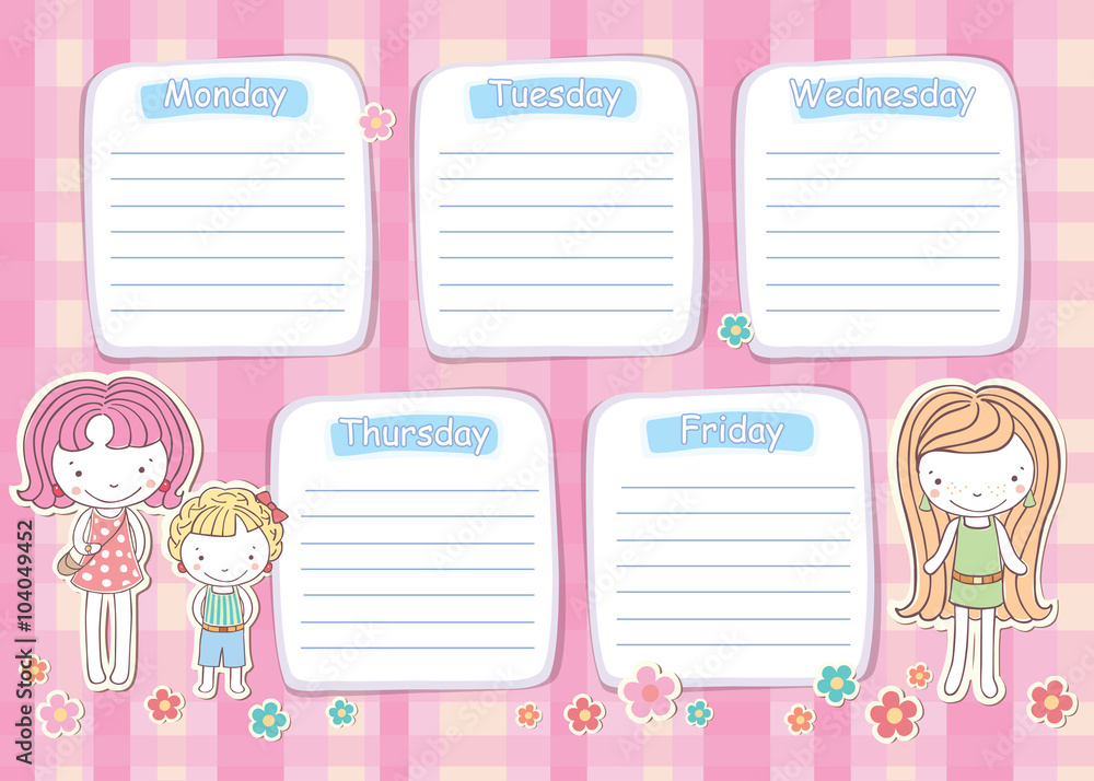school timetable for girl, vector, pink colour school timetable for girl, vector, pink colour