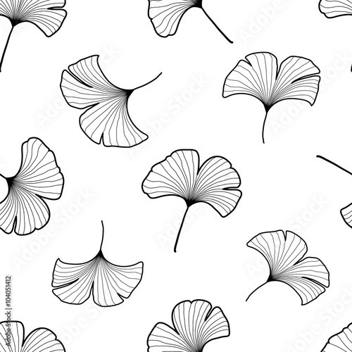 Black and white graphic ginkgo leaves seamless pattern