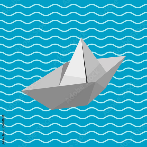 Icono plano barco de papel sobre fondo marino