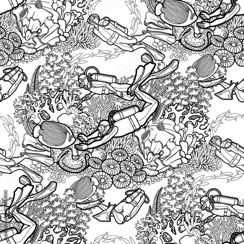 Graphic coral reef and scuba divers 