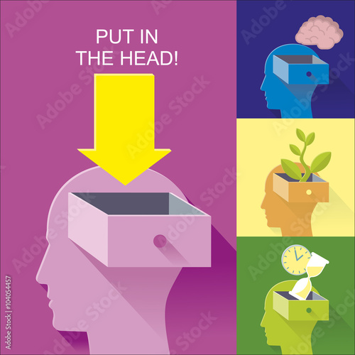 Human head box. Volume abstract form of a human head with a box and arrow issue, letters and numbers. Symbolizes knowledge, thoughts, desires, opinions, Hobbies, habits.