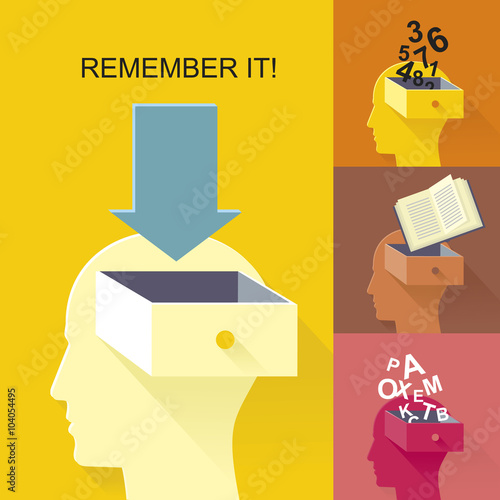 Human head box. Volume abstract form of a human head with a box and arrow issue, letters and numbers. Symbolizes knowledge, thoughts, desires, opinions, Hobbies, habits.