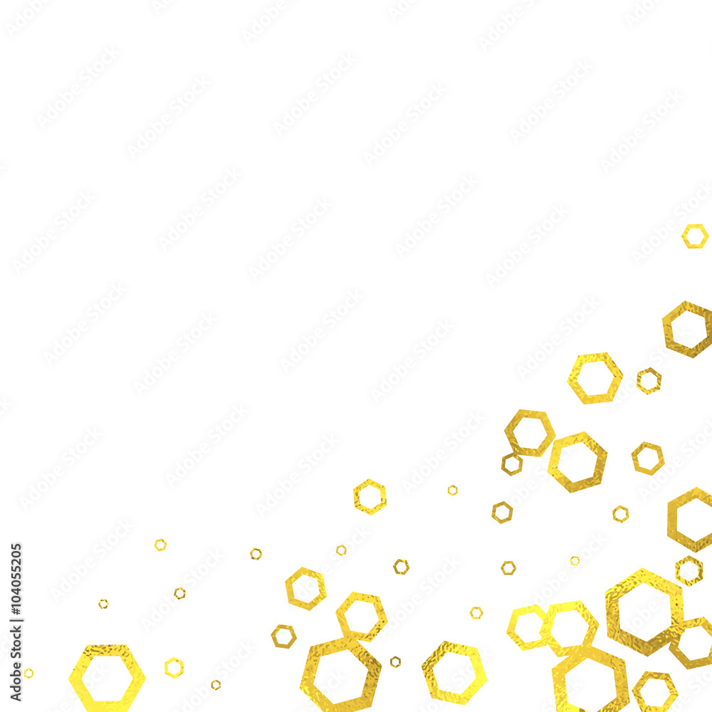 Gold glittering foil hexagons on white background, vector isolated design elements Gold glittering foil hexagons on white background, vector isolated design elements