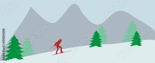 Vector illustration Biathlon rides in the mountains and forests