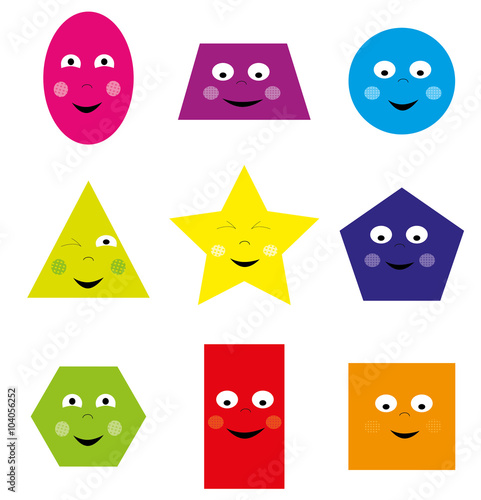 collection of smiling, happy cartoon geometric shapes / educational set of basic shapes for children on white background