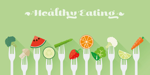 Healthy Eating Concept Vector Illustration. Variety of fruit and vegetables sticked on forks flat design long shadow illustration