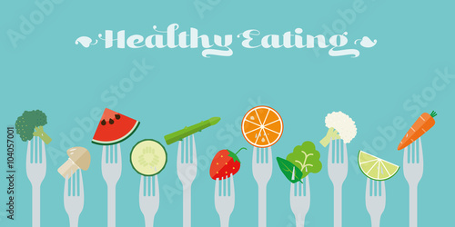 Healthy Eating Concept Vector Illustration. Variety of fruit and vegetables sticked on forks flat design illustration