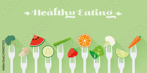 Healthy Eating Concept Vector Illustration. Variety of fruit and vegetables sticked on forks flat design long shadow illustration