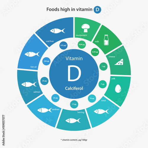Foods high in vitamin D. Vitamin content of foods. Healthy lifestyle and diet vector illustration infographics with food icons.
