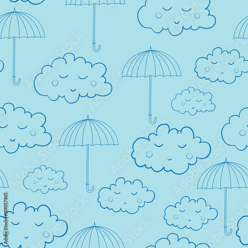 Seamless pattern with cute sleeping clouds and umbrellas
