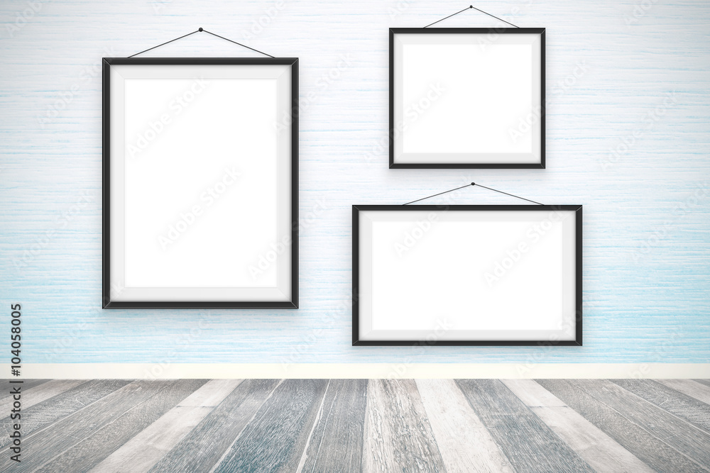 Blank picture frames on the wooden wall room
Blank picture frames on the wooden wall room