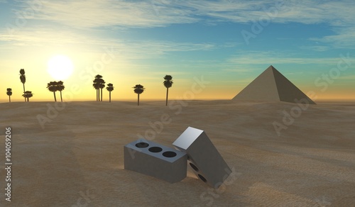 sunset in the desert  pyramid and palms  foam block building