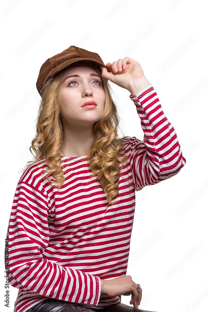 Beautiful girl with long hair in a cap Beautiful girl with long hair in a cap