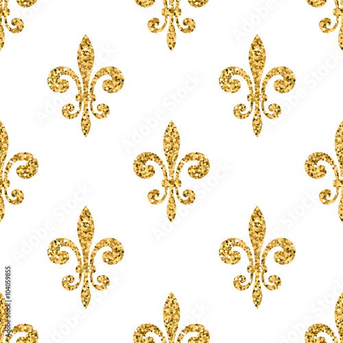 Golden fleur-de-lis seamless pattern. Gold glitter and white template. Floral texture. Glowing fleur de lis royal lily. Design vintage for card, wallpaper, wrapping, textile, etc. Vector Illustration.