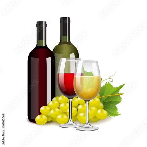 Wine bottles glasses and grapes isolated on white vector