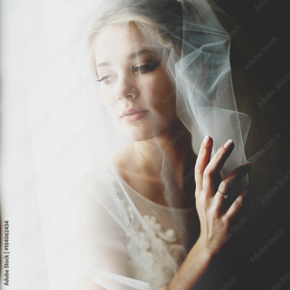 Obraz premium stylish luxury gorgeous blonde bride posing on the background ho