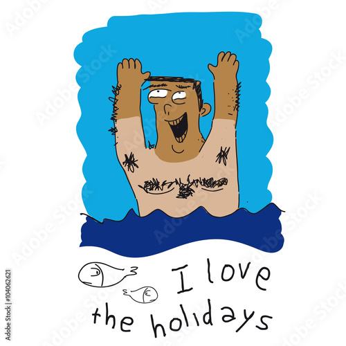 illustration with happy man bathing in the sea on holidays