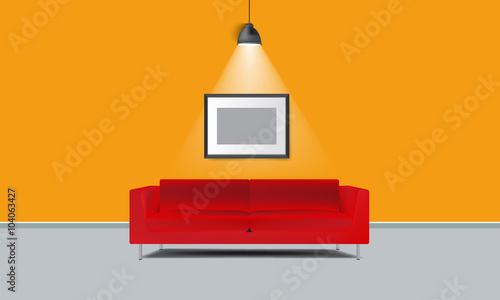 Realistic red sofa with photo frame and lamp light vector.