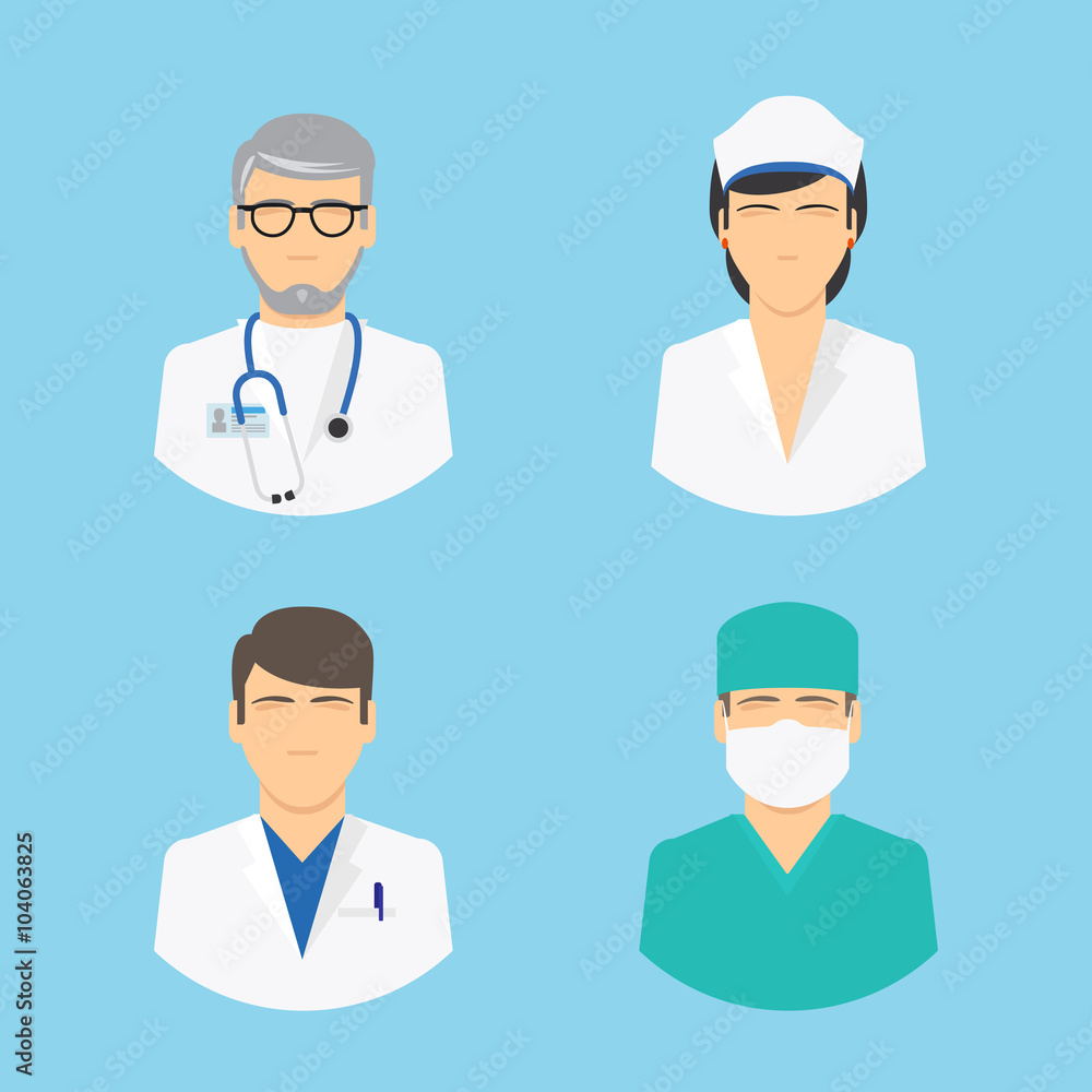 Doctor and nurse icons. Medical staff colorful flat avatars on light blue background. Vector illustration