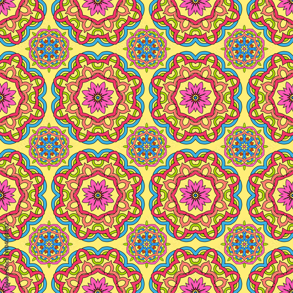 seamless pattern made from abstract circle mandalas on orange ba